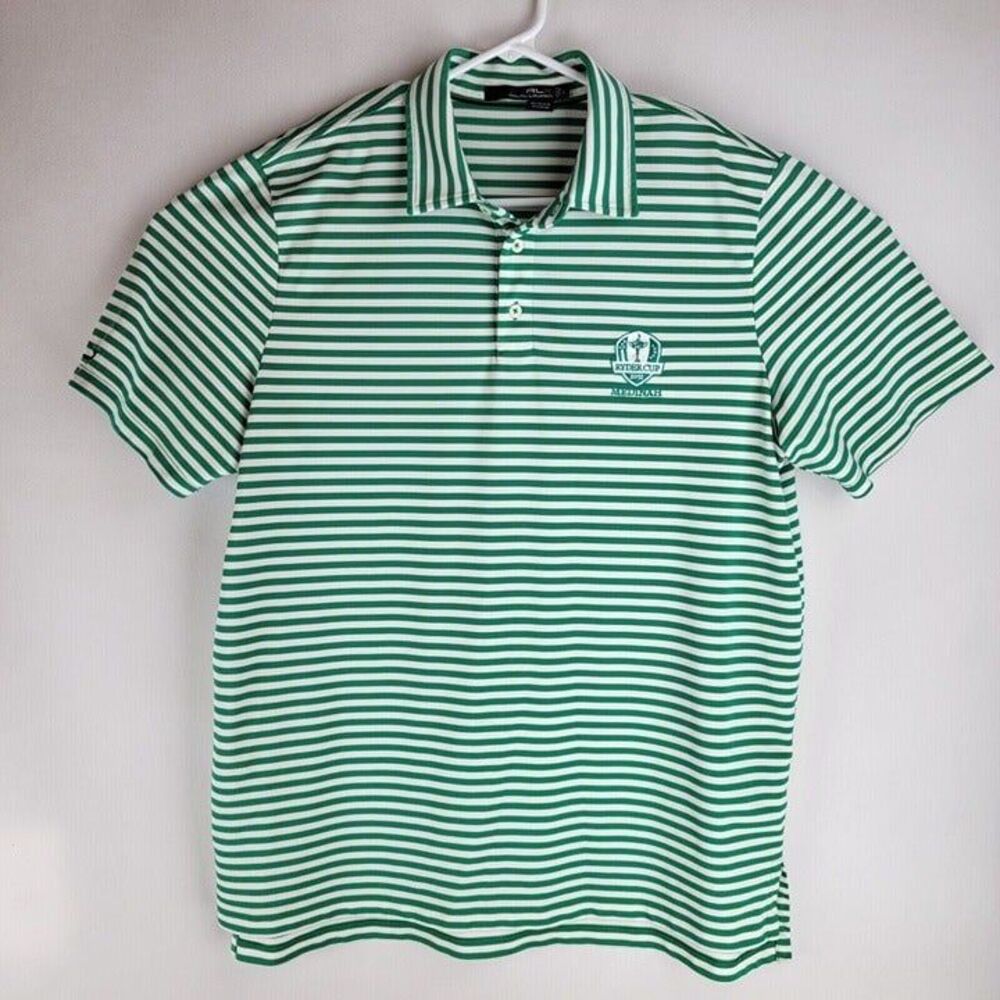 RLX Ralph Lauren Mens Size Large Green Golf Striped Ryder Cup 2012 Logo Polo